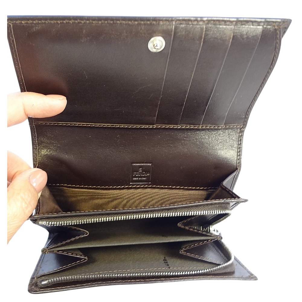 Fendi Zucca Compact Wallet Brown Canvas Leather Trim Bi Fold - Picture 3 of 9